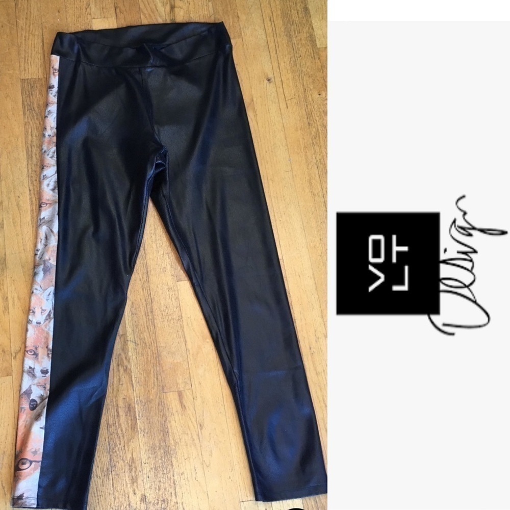 NWT Volt Design Renard Black Vegan Leather Snakeskin Leggings Fox Print